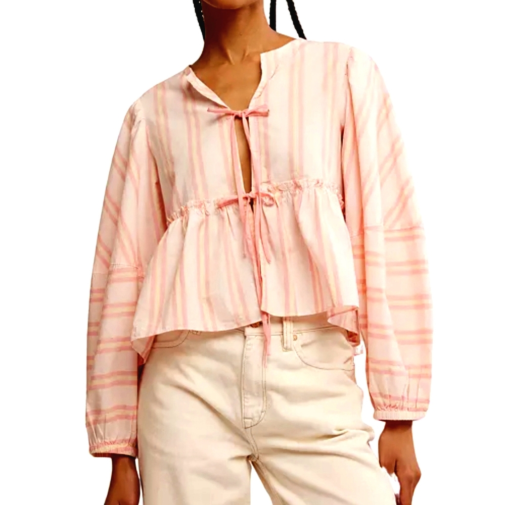 Free People Brunch Babe Tie-front blouse, Orange/Yellow, NWT, msrp $128, size M - Picture 3 of 7
